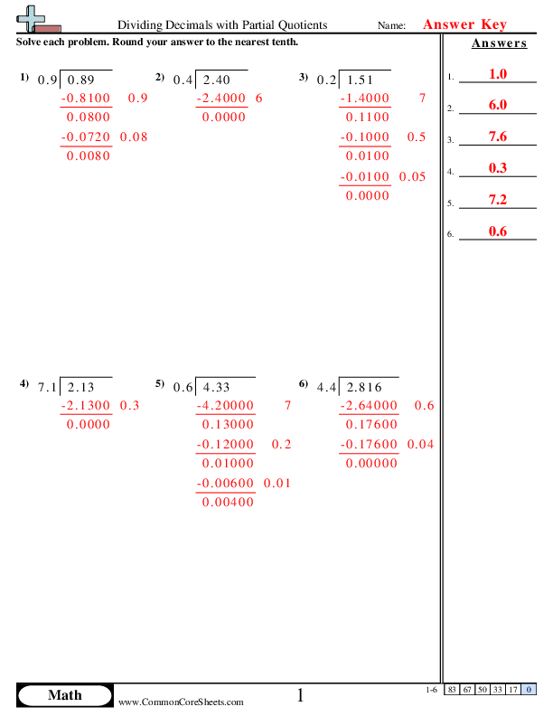  - Dividing Decimals with Partial Quotients worksheet